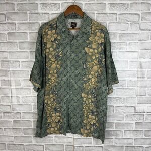Neiman Marcus Mens Large Rayon Floral Tropical Hawaiian Button Down Shirt Green